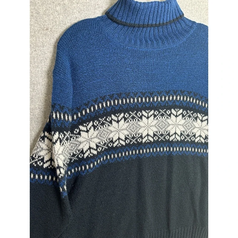 Vintage Carolyn Taylor Sweater XL Fair Isle Blue White Long Sleeve Turtleneck